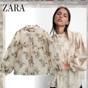 Zara Stand Collar Women Blouse Flower Embroidered Shirt Chic Puff Sleeve Ruffle